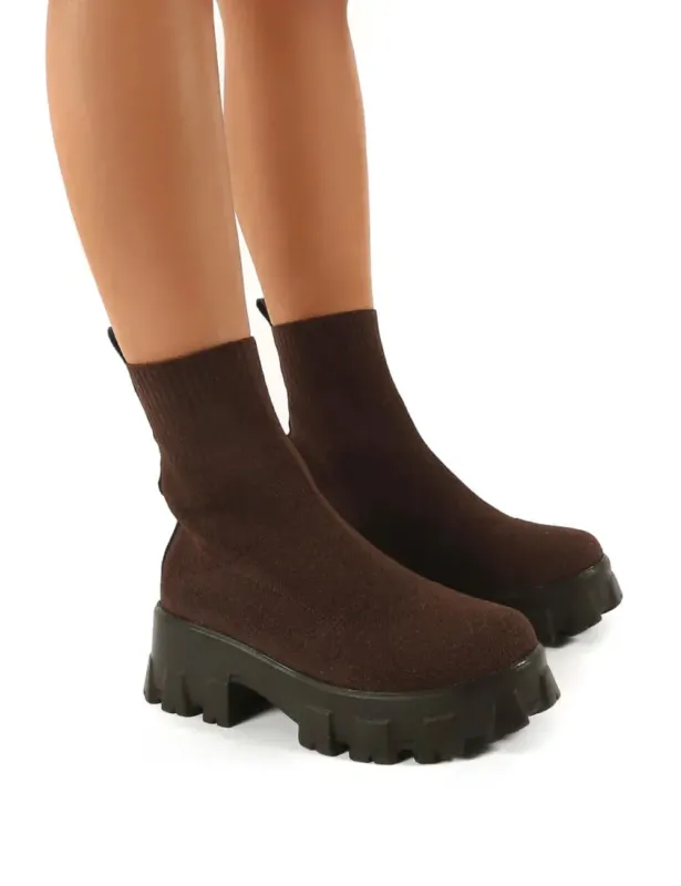 Platform Chelsea Boots Brown Knit Stretch Upper - Product example