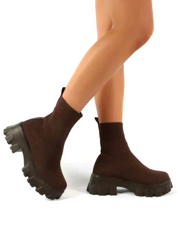 Platform Chelsea Boots Brown Knit Stretch Upper - Product detail 4