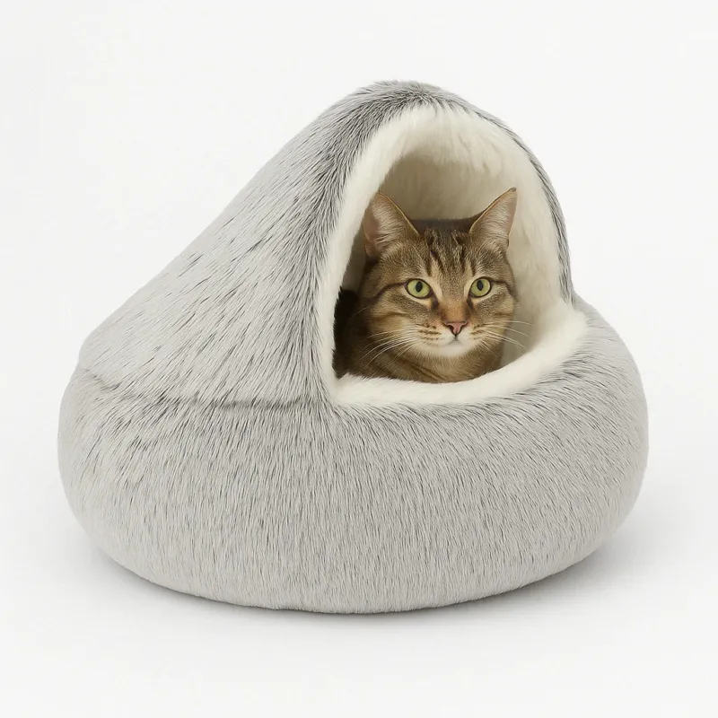 Hooded Cat Bed Plush Cave Design for Anxiety Relief - Product showcase