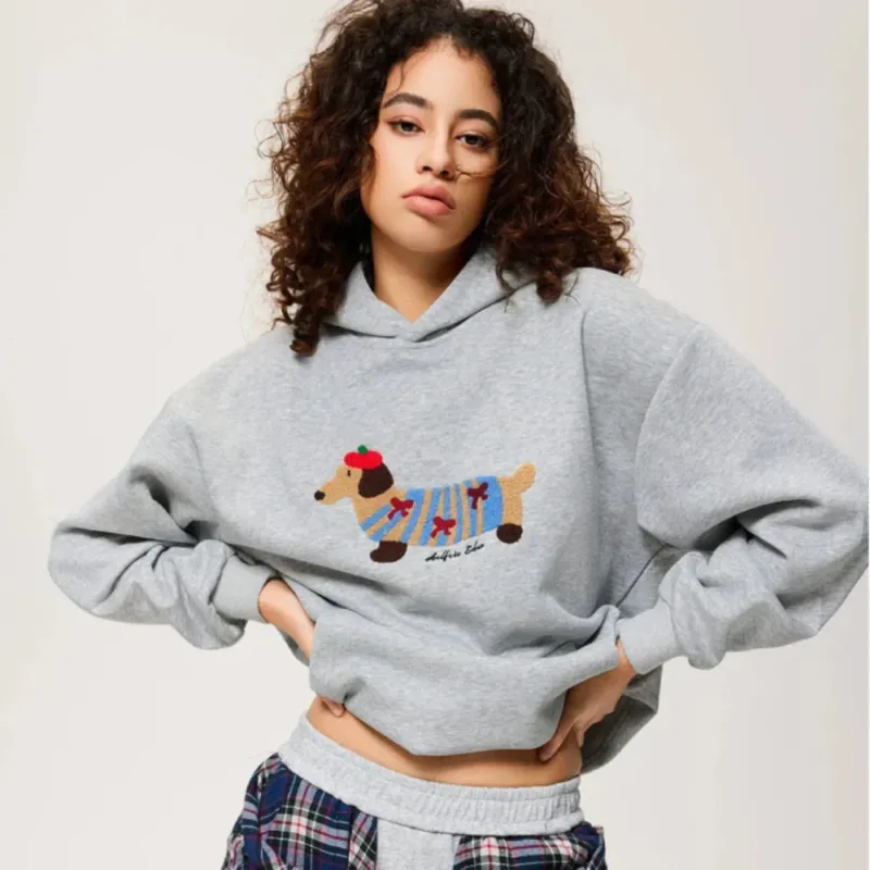 Dachshund Embroidered Hoodie Cotton Blend Pullover Sweatshirt - Detailed view