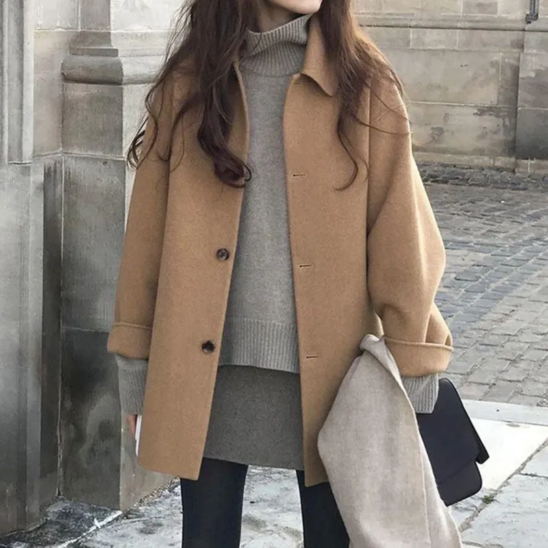 Classic Wool Winter Coat Camel Mid-Length Button Front - Product showcase