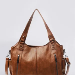 Vintage Leather Shoulder Bag Dual Zipper Tote Design - Product showcase