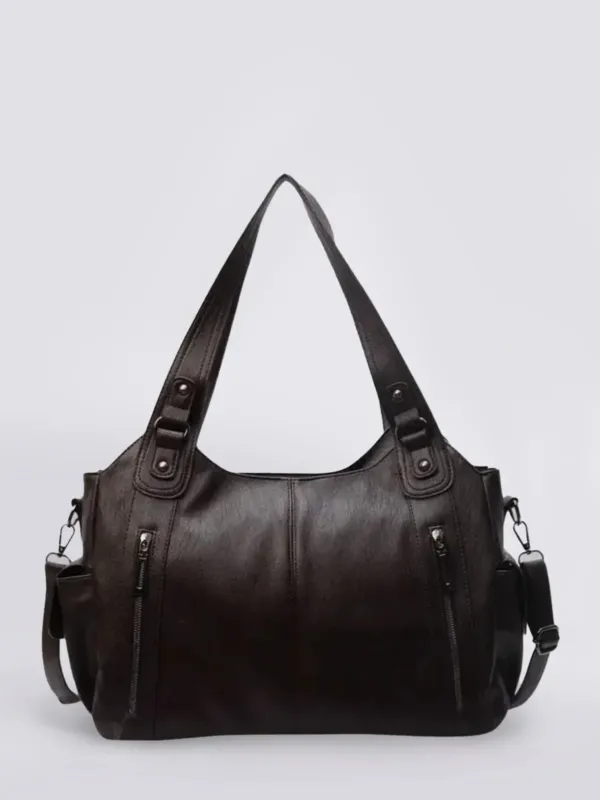 Vintage Leather Shoulder Bag Dual Zipper Tote Design - Product example