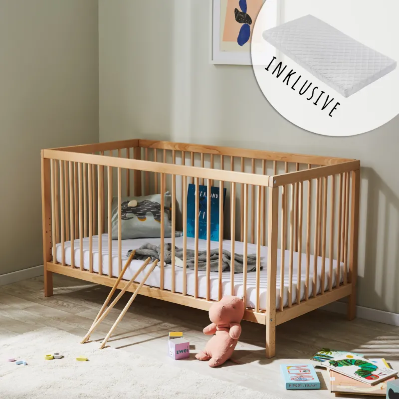 Kids Collective Babybett Kinderbett Gitterbett 60x120 und 70x140 cm höhenverstellbarer Lattenrost & herausnehmbare Sprossen stabiles Buchenholz | ab Geburt bis zum 3. Lebensjahr made in EU