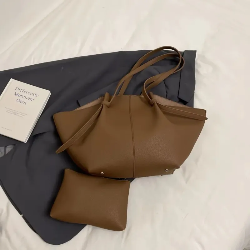 Minimalist Leather Tote Bag Double Compartment Design - Product showcase