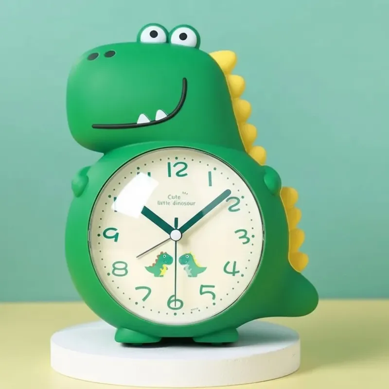 Kids Dinosaur Alarm Clock Silent Green Character Design - Product showcase