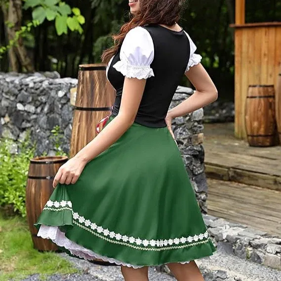 Traditional Dirndl Dress Bavarian Green with Lace Trim - Detailed view