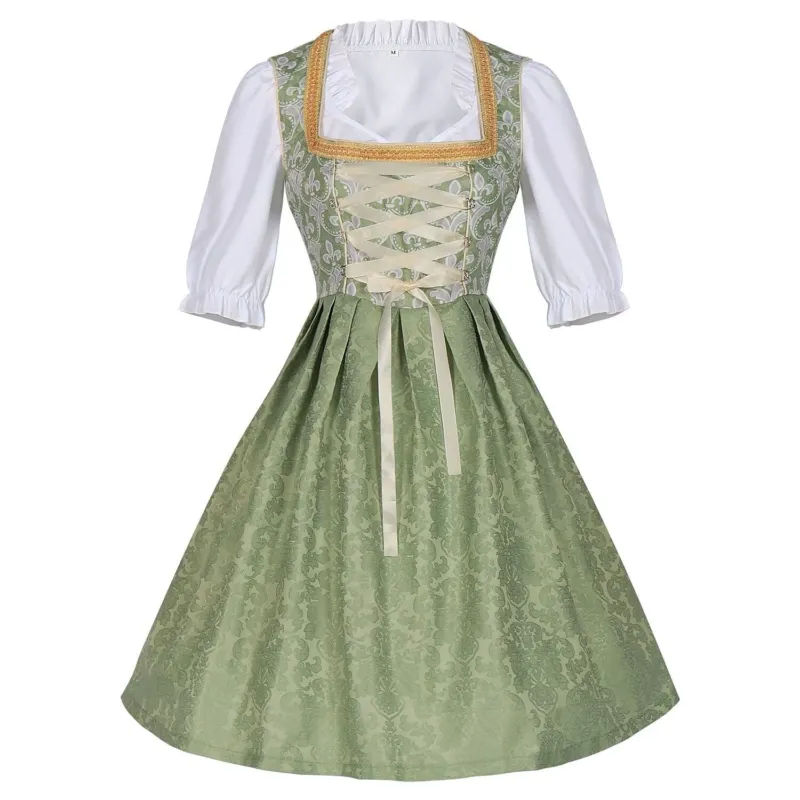 Traditional Dirndl Dress Sage Green Brocade with Gold Trim - Product showcase