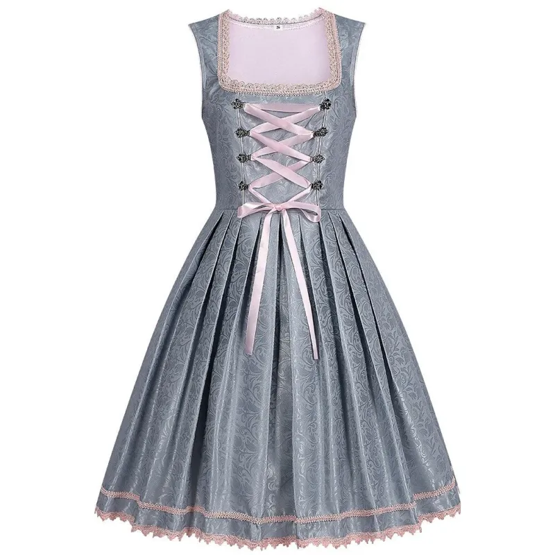 Traditional Dirndl Dress Grey Floral Lace with Pink Satin Accents - Product example
