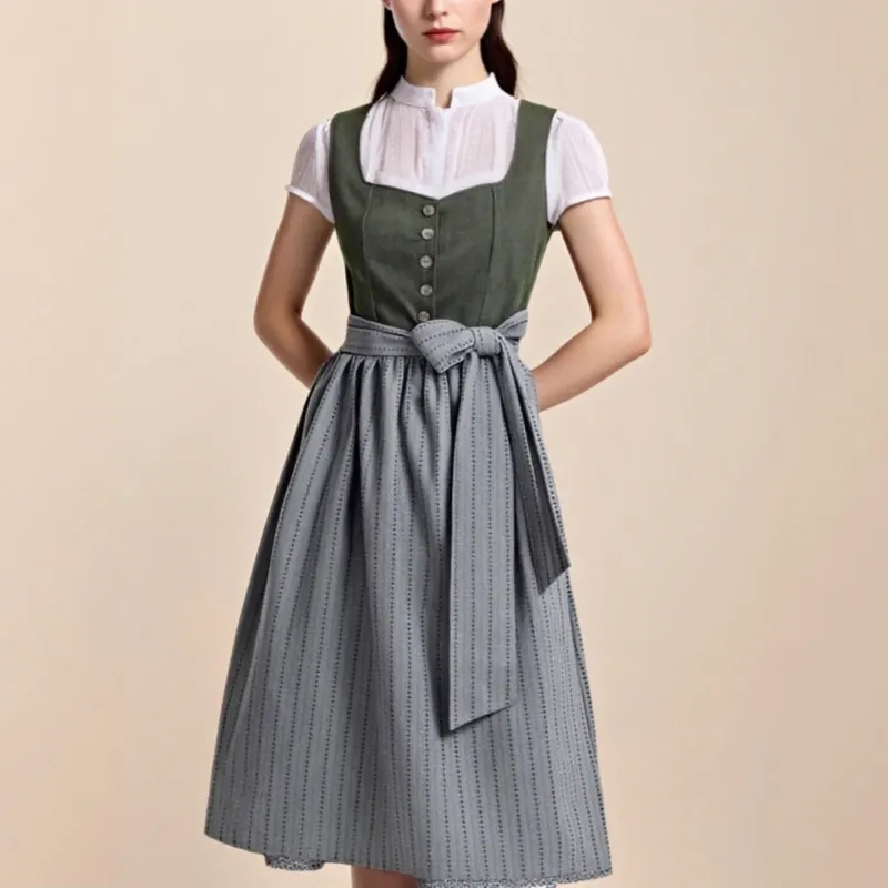 Traditional Dirndl Dress Olive Green Bodice With Gray Apron - Product showcase