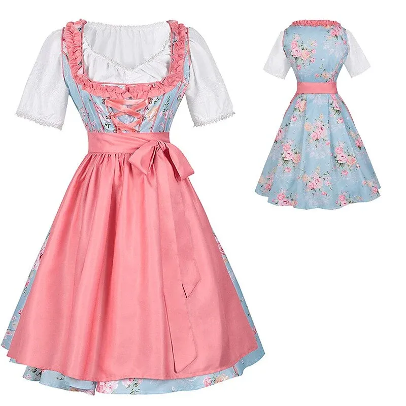 Traditional Dirndl Dress Floral Pattern with Pink Apron Set - Product detail 4