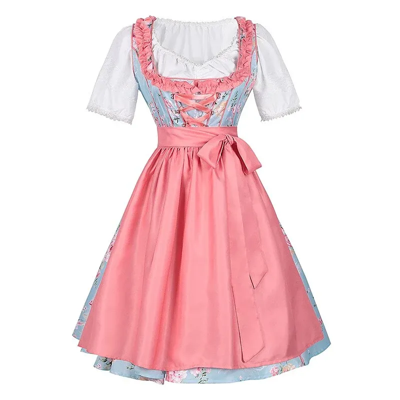 Traditional Dirndl Dress Floral Pattern with Pink Apron Set - Product showcase
