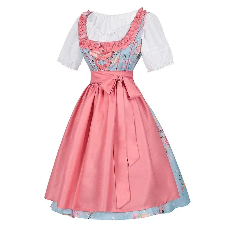Traditional Dirndl Dress Floral Pattern with Pink Apron Set - Detailed view