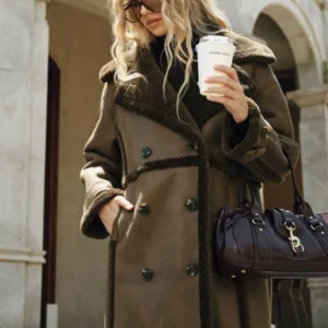 Double Breasted Longline Coat Fleece Lined Faux Leather - Product showcase
