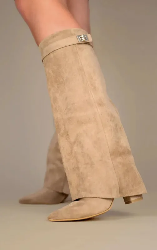 Suede Knee High Boots Classic Beige With Gold Buckle Detail - Product example