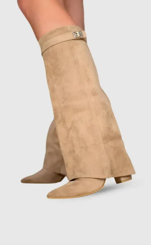 Suede Knee High Boots Classic Beige With Gold Buckle Detail - Detailed view