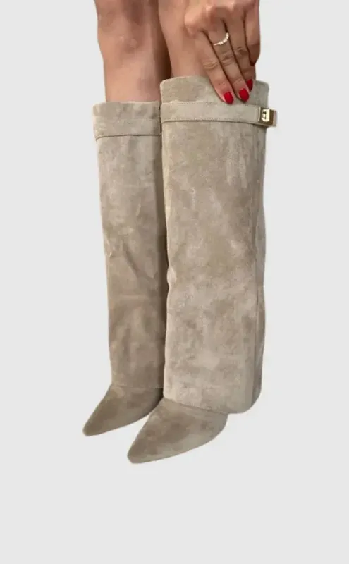 Suede Knee High Boots Classic Beige With Gold Buckle Detail - Product showcase