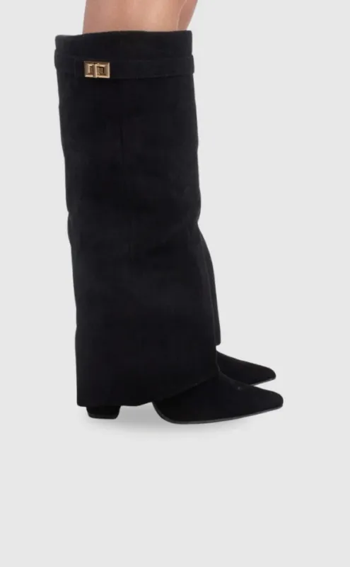Classic Suede Knee High Boots Black with Gold Hardware - Detailed view