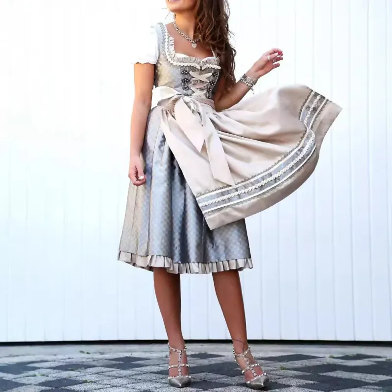 Traditional Dirndl Dress Grey Floral Pattern with White Apron - Detailed view