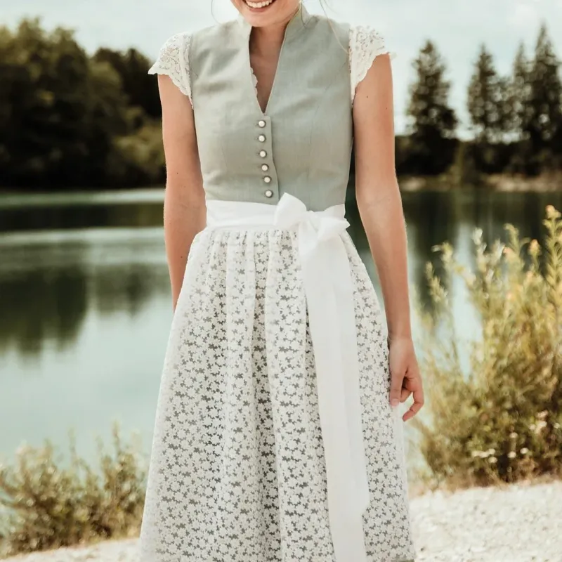 Traditional Dirndl Dress Sage Green with Lace Apron - Product showcase