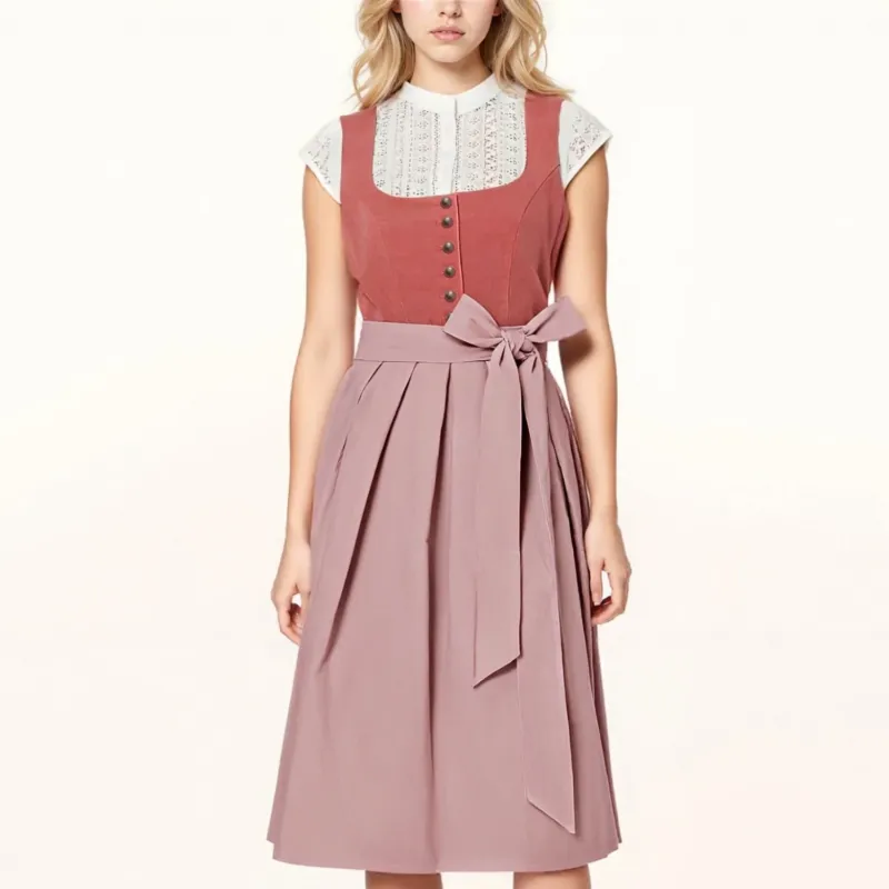 Traditional Dirndl Dress Vintage Rose Cotton With Bow Apron - Product showcase