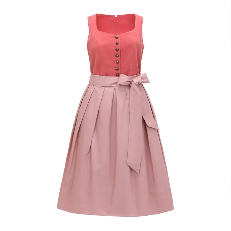 Traditional Dirndl Dress Vintage Rose Cotton With Bow Apron - Detailed view