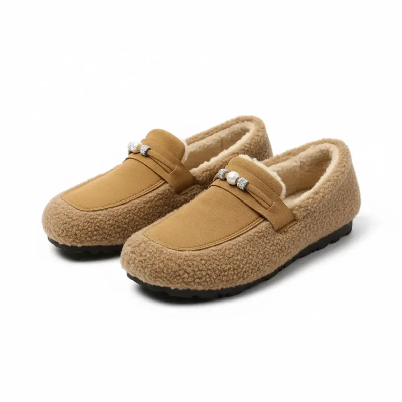 Womens Sherpa Slippers Faux Fur Loafer Style With Non-Slip Sole - Product showcase