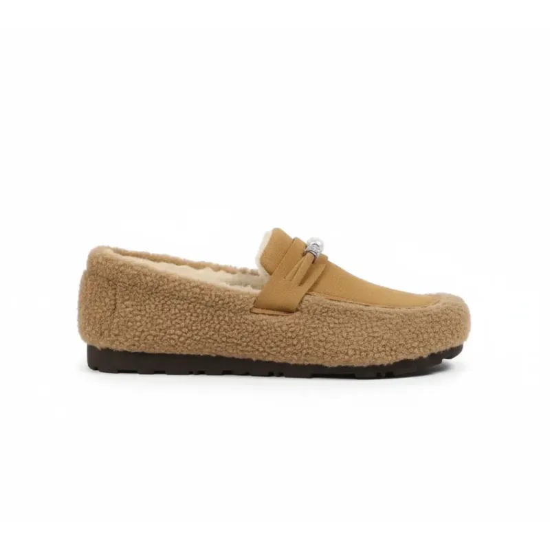 Womens Sherpa Slippers Faux Fur Loafer Style With Non-Slip Sole - Detailed view