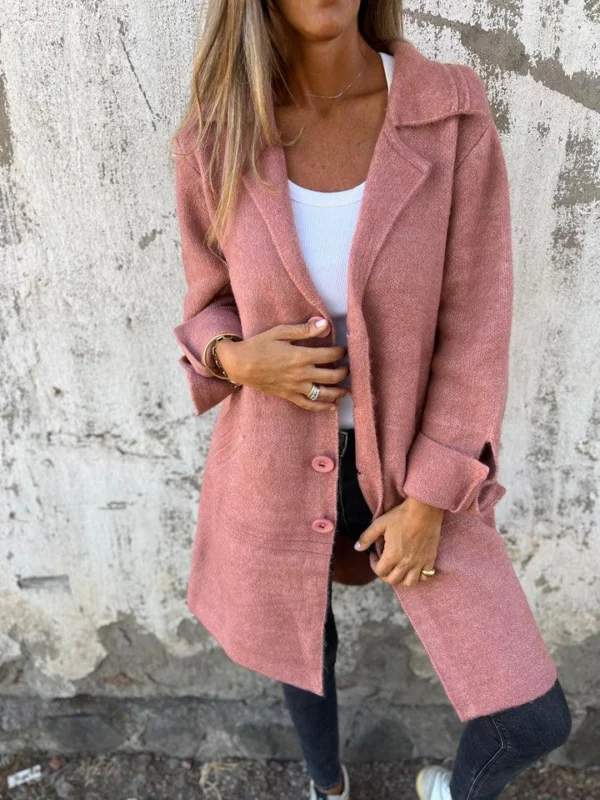 Wool Blend Long Coat Rose Pink Lapel Design - Detailed view