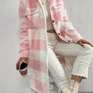 Plaid Teddy Fleece Coat Pink White Checkered Pattern - Product showcase