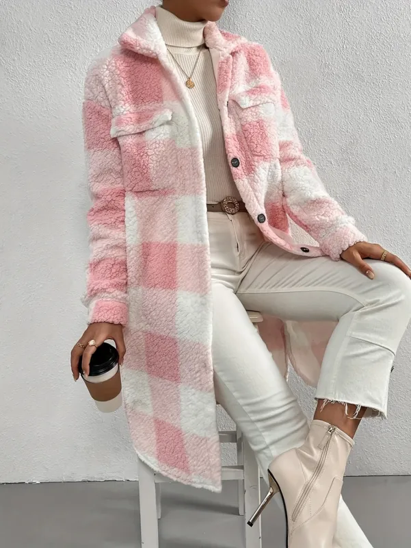 Plaid Teddy Fleece Coat Pink White Checkered Pattern - Product showcase