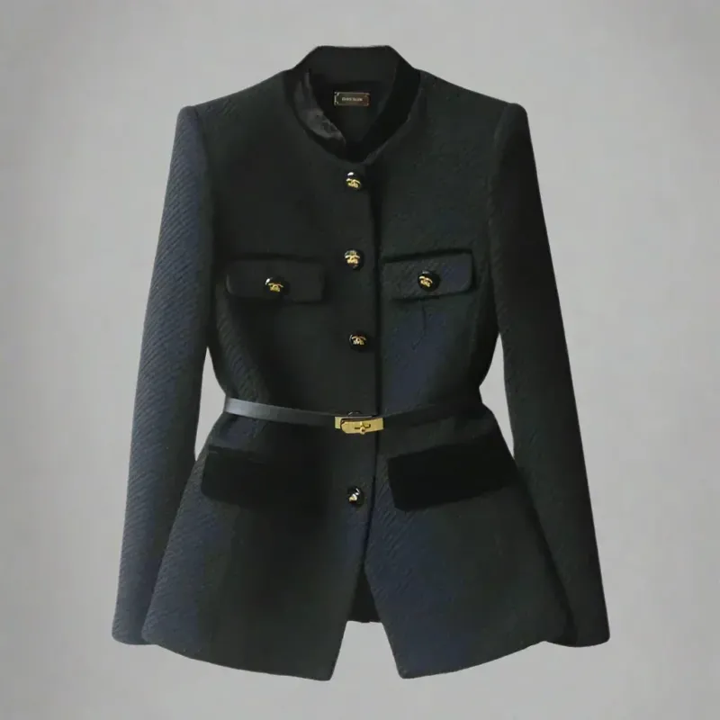 Military Style Wool Blazer Gold Button Belt Detail - Product example
