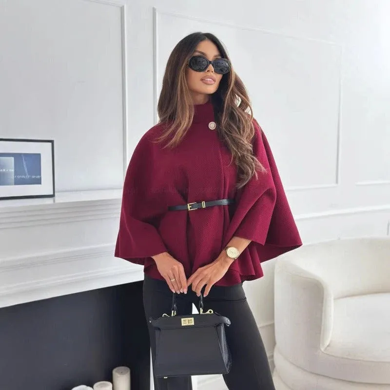 Burgundy Cape Coat High Neck Belted Design - Product showcase