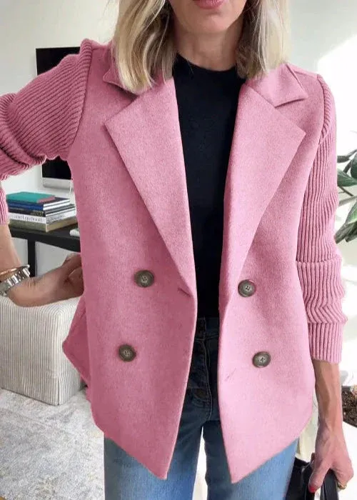 Double Breasted Winter Coat Pink Wool Blend Ribbed Sleeves - Product showcase