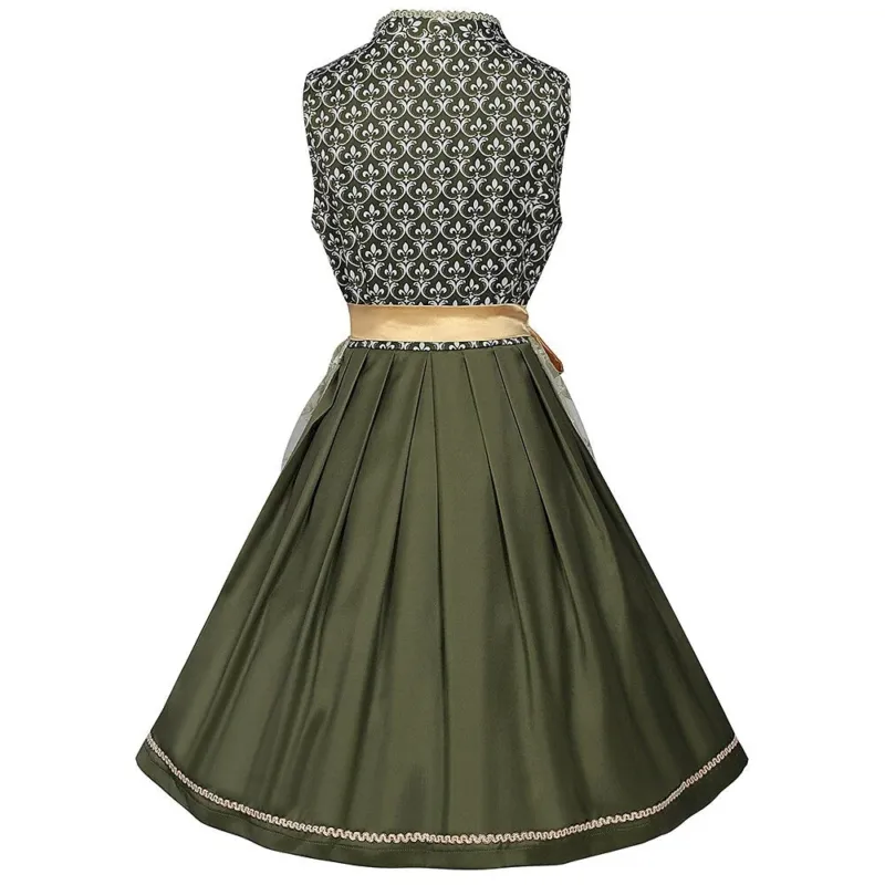 Traditional Dirndl Dress Floral Embroidered Green With Gold Sash - Detailed view