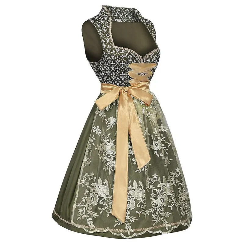 Traditional Dirndl Dress Floral Embroidered Green With Gold Sash - Product example