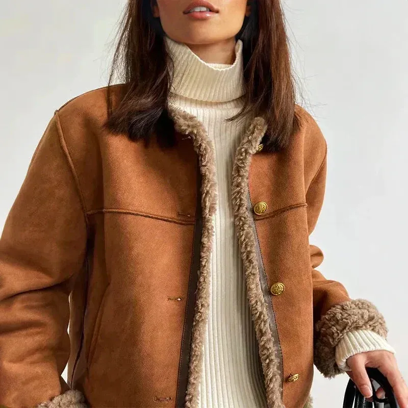 Classic Shearling Jacket Camel Suede Button Front - Detailed view