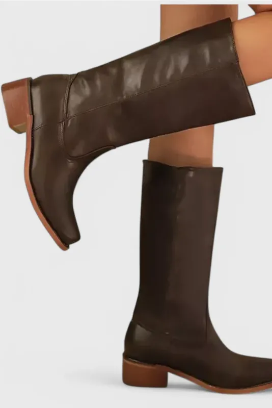 Classic Knee High Boots Brown Leather With Stacked Heel - Product showcase