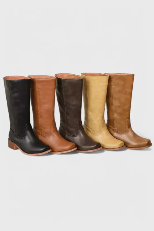 Classic Knee High Boots Brown Leather With Stacked Heel - Product example