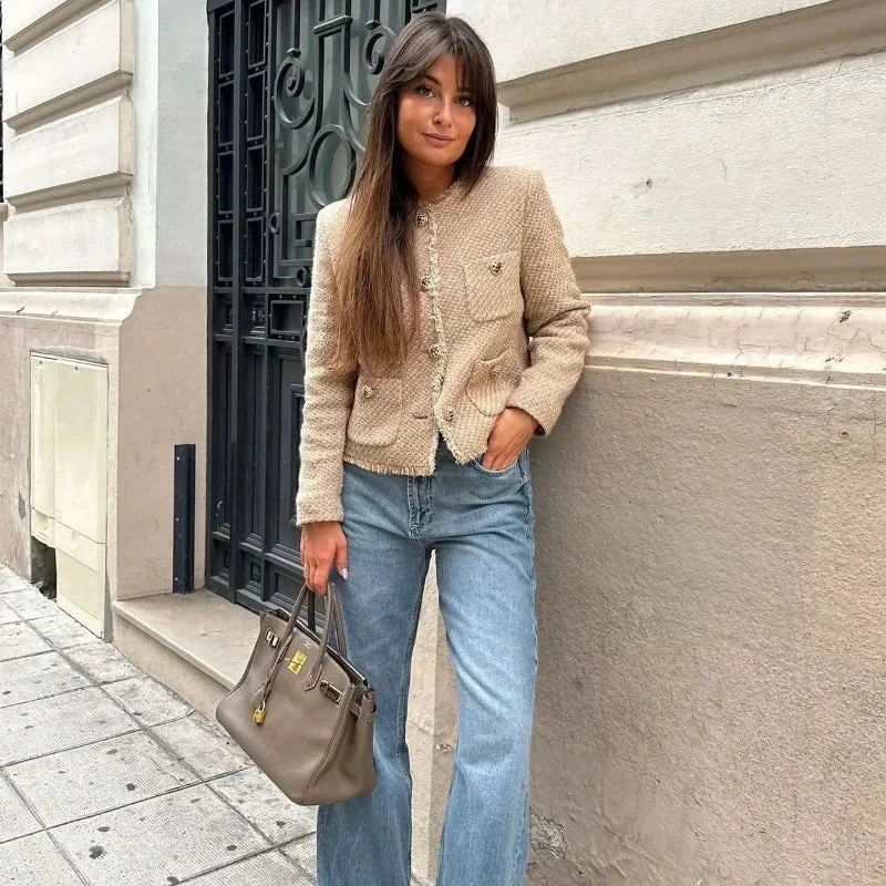 Tweed Cropped Jacket Textured Beige Womens Blazer - Product showcase