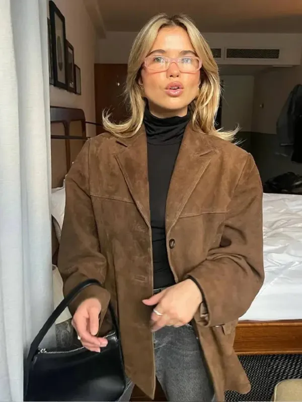 Suede Winter Coat Oversized Brown Button-Up Design - Product showcase