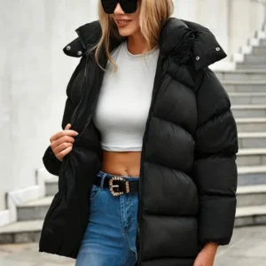 Womens Short Puffer Jacket Black Quilted Winter Coat - Product showcase