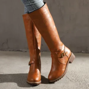 Classic Knee High Boots Brown Leather With Buckle Detail - Product showcase