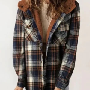 Plaid Hooded Jacket Fleece Lined Winter Coat - Product showcase