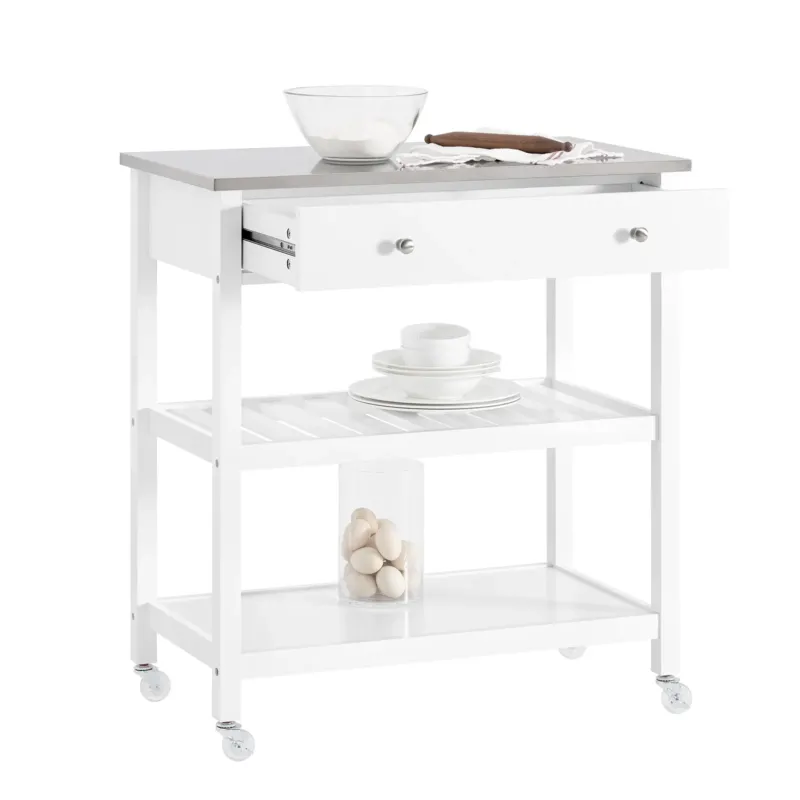 SoBuy | Küchenwagen mit Edelstahlplatte | Sideboard | Servierwagen Weiß | 81x90x45cm | FKW47-II-W