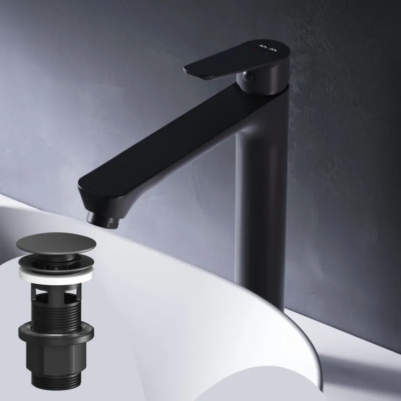FTA92222 Bad Armatur Hit Waschtischarmatur Hoch mit Klick-Ablaufgarnitur Wasserhahn, Schwarz ampm-store.de