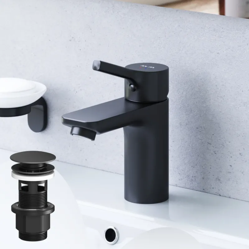 FXB82122 Bad Armatur X-Joy S Waschtischarmatur mit Klick-Ablaufgarnitur Wasserhahn, Schwarz ampm-store.de