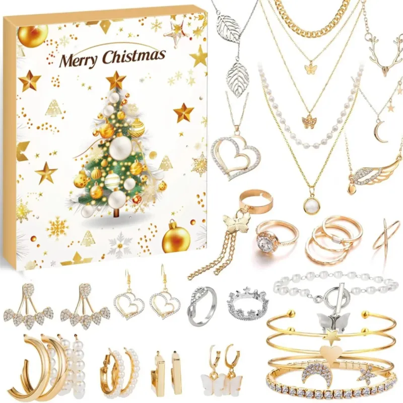Christmas Jewelry Advent Calendar 24 Gold Pink Accessories - Detailed view
