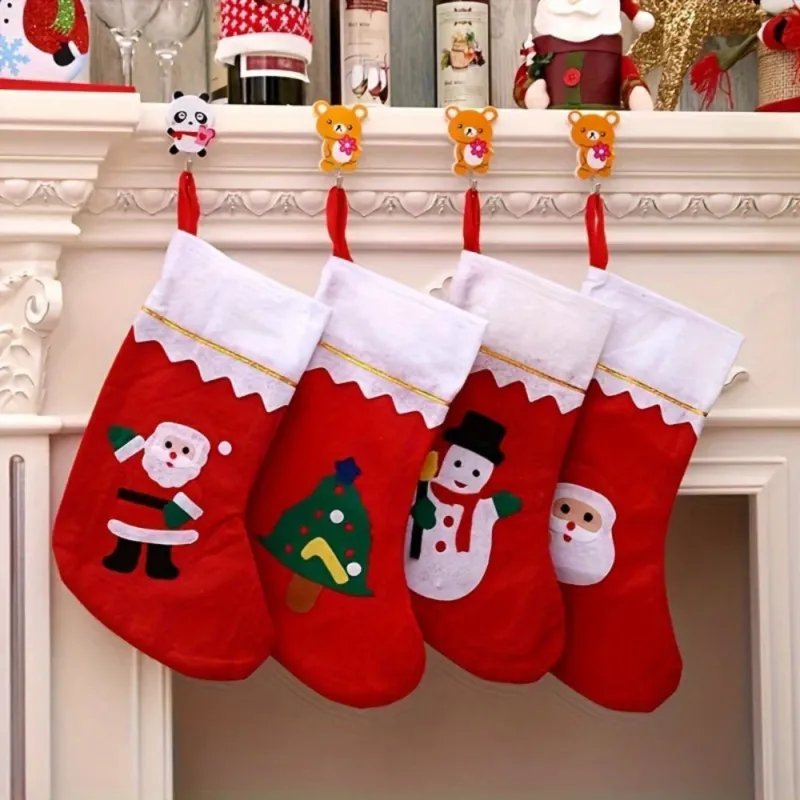 Christmas Stocking Holder Set 4 Festive Character Stockings with Cute Animal Hooks - Product showcase