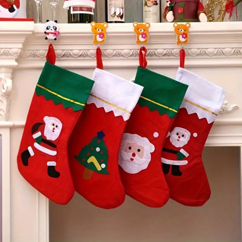 Christmas Stocking Holder Set 4 Festive Character Stockings with Cute Animal Hooks - Detailed view